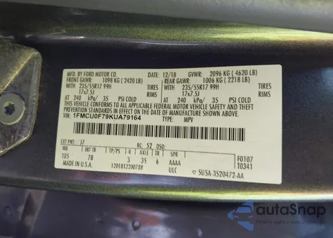 2019 Ford Escape S из США, поврежденный, VIN 1FMCU0F79KUA79164